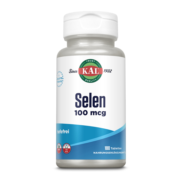 Produktfoto: Eine weiße Plastikflasche mit blauem Etikett, die Selen 100 mcg Nahrungsergänzungsmittel von KAL enthält. Das Etikett zeigt das KAL-Logo, den Text 'Selen 100 mcg', 'hefefrei' und '100 Tabletten'.