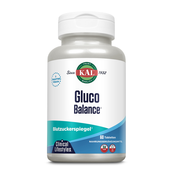 Produktfoto: Das Bild zeigt eine weiße Plastikflasche mit einem Etikett der Marke KAL. Die Flasche enthält 60 Tabletten des Nahrungsergänzungsmittels 'Gluco Balance', das für die Unterstützung des Blutzuckerspiegels beworben wird. Auf dem Etikett steht '2 Tabletten täglich'. Das Produkt ist vegan und gentechnikfrei. Die Farben des Etiketts sind hauptsächlich weiß, blau und grün.