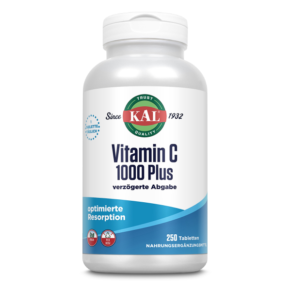 Produktfoto: Eine weiße Plastikflasche mit einem weißen Deckel. Auf dem Etikett steht 'KAL Vitamin C 1000 Plus verzögerte Abgabe'. Die Flasche enthält 250 Tabletten und ist für optimierte Resorption gedacht. Das Etikett hat blaue und grüne Elemente und das Logo 'KAL' ist prominent platziert.