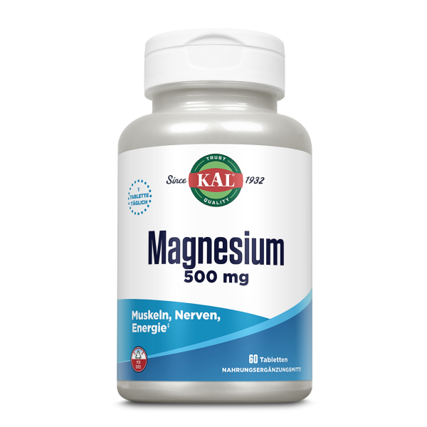 Produktfoto: Das Bild zeigt eine weiße Plastikflasche mit einem Schraubverschluss. Auf dem Etikett steht “KAL Magnesium 500 mg“. Die Flasche enthält 60 Tabletten und ist als Nahrungsergänzungsmittel deklariert. Die Schrift auf dem Etikett ist blau und es gibt einen Hinweis auf die tägliche Einnahme von einer Tablette. Das Produkt ist für Muskeln, Nerven und Energie gedacht.