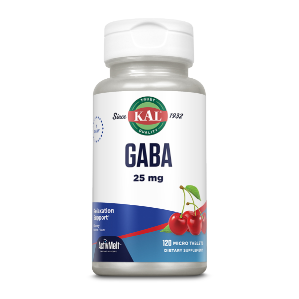 Produktfoto: KAL GABA 25 mg, Nahrungsergänzungsmittel, 120 Mikrotabletten, Kirschgeschmack, unterstützt Entspannung.
