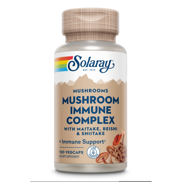 Produktfoto: Dose mit Nahrungsergänzungsmittel “Solaray Mushroom Immune Complex“, enthält Maitake, Reishi, Shiitake. 100 VegCaps, für Immunsystemunterstützung.