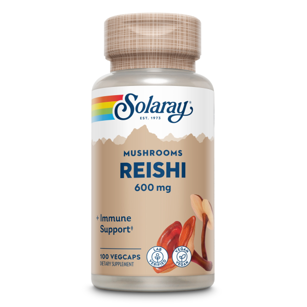 Produktfoto: Flasche mit Solaray Reishi Pilzergänzung, 600 mg, 100 Veggiekapseln, unterstützt das Immunsystem, vegan und laborgeprüft.