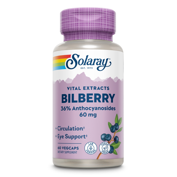 Produktfoto: Eine Flasche Solaray Vital Extracts Bilberry Nahrungsergänzungsmittel. Die Flasche ist lila und enthält 60 Vegcaps mit 36% Anthocyanosiden, 60 mg. Sie ist für Kreislauf- und Augenunterstützung vorgesehen und als vegan und laborgeprüft gekennzeichnet.