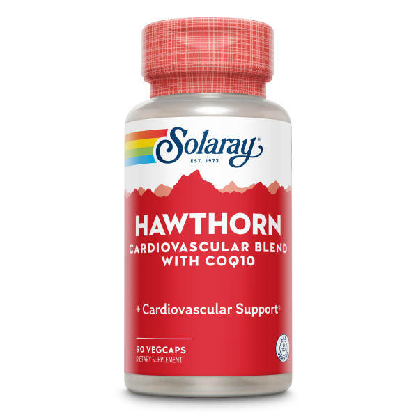 Produktfoto: Eine Flasche Solaray Hawthorn Cardiovascular Blend mit CoQ10, 90 Vegcaps, Nahrungsergänzungsmittel für Herzunterstützung.