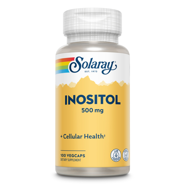 Produktfoto: Eine weiße Plastikflasche mit einem Etikett in Gelb und Blau. Auf dem Etikett steht 'Solaray Inositol 500 mg + Cellular Health'. Die Flasche enthält 100 Vegcaps und ist als Nahrungsergänzungsmittel gekennzeichnet. Es gibt auch Symbole für 'Lab Verified' und 'Veggie Caps'.