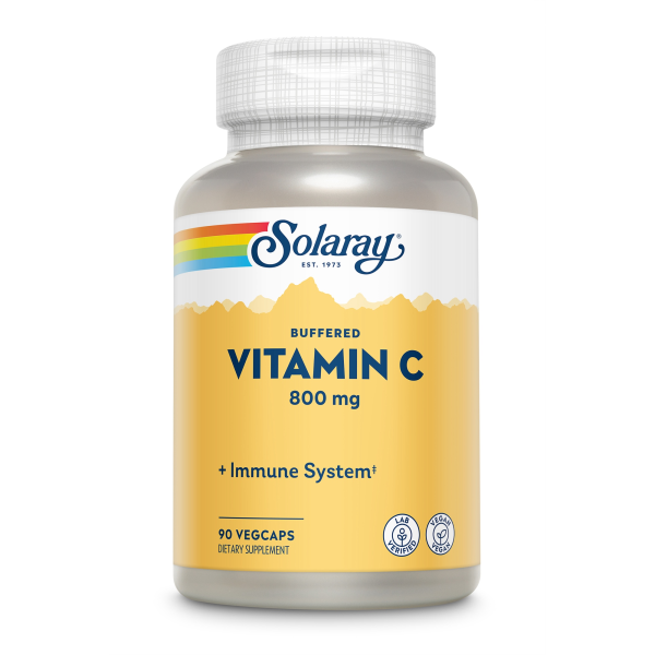 Produktfoto: Das Bild zeigt eine Flasche Solaray Buffered Vitamin C 800 mg. Die Flasche ist beige mit einem gelben Etikett, auf dem das Produktname und die Dosierung stehen. Es sind 90 Vegcaps enthalten. Das Etikett hat ein Regenbogen-Design oben.