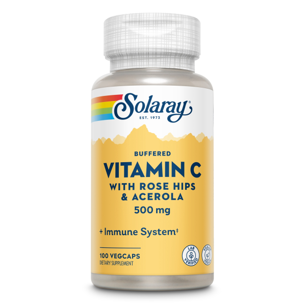 Produktfoto: Flasche Solaray Vitamin C mit Hagebutten und Acerola, 500 mg, 100 Vegcaps. Nahrungsergänzungsmittel zur Unterstützung des Immunsystems.