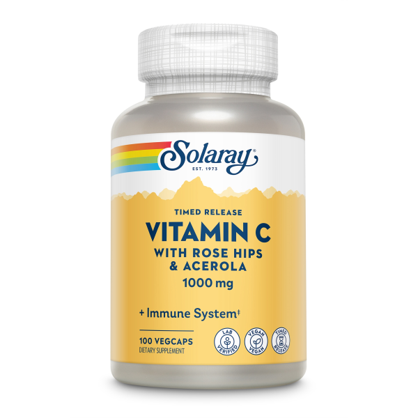 Produktfoto: Vitamin C Ergänzung von Solaray, 1000 mg mit Hagebutten und Acerola, 100 Kapseln, zeitverzögerte Freisetzung.