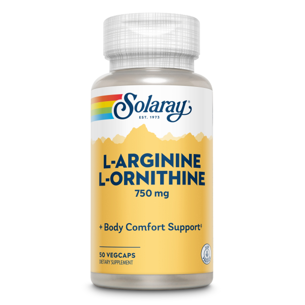 Produktfoto: Eine Flasche Solaray L-Arginine L-Ornithine Nahrungsergänzungsmittel. Die Flasche ist weiß mit einem gelben Etikett, das den Produktnamen und die Dosierung von 750 mg anzeigt. Enthält 50 Veggie-Kapseln zur Unterstützung des Körperkomforts.