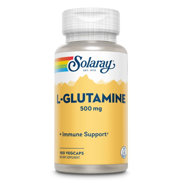 Produktfoto: Das Bild zeigt eine Flasche Solaray L-Glutamin Nahrungsergänzungsmittel. Auf dem Etikett steht 'L-GLUTAMINE 500 mg' und 'Immune Support'. Die Flasche hat ein gelbes Etikett mit einem Bergmotiv und einem Regenbogenstreifen oben. Sie enthält 100 Vegcaps.