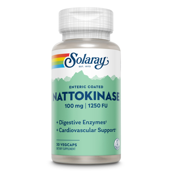 Produktfoto: Flasche mit Nahrungsergänzungsmittel “Nattokinase 100 mg | 1250 FU“ von Solaray, 30 Vegcaps, unterstützt Verdauung und Herz-Kreislauf.