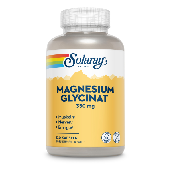 Produktfoto: Eine Plastikflasche mit dem Etikett 'Solaray Magnesium Glycinat 350 mg'. Das Etikett ist gelb mit einem Regenbogenstreifen oben. Auf dem Etikett steht: '+ Muskeln + Nerven + Energie' und '120 Kapseln'. Es gibt Symbole für 'Lab Verified' und 'Vegan'.