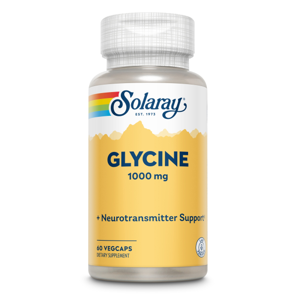 Produktfoto: Flasche Solaray Glycine 1000 mg, 60 Vegcaps, Nahrungsergänzungsmittel, gelbes Etikett mit Regenbogen und Bergmotiv.