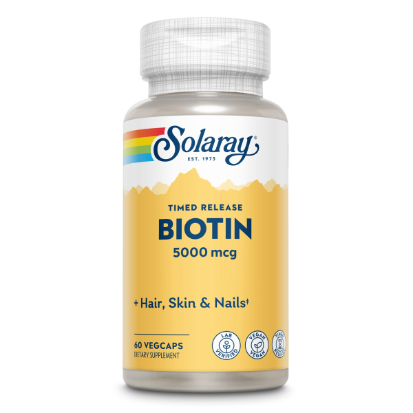 Produktfoto: Biotin-Nahrungsergänzungsmittel von Solaray mit 5000 mcg, 60 Vegcaps. Fördert Haare, Haut und Nägel. Timed Release, vegan, laborgeprüft.