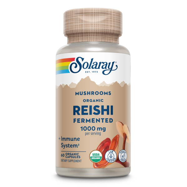Produktfoto: Eine Plastikflasche mit einem Etikett. Auf dem Etikett steht 'Solaray Mushrooms Organic Reishi Fermented 1000 mg per serving + Immune System'. Die Flasche enthält 60 organische Kapseln. Es gibt mehrere Logos, darunter USDA Organic, Lab Verified und Vegan.