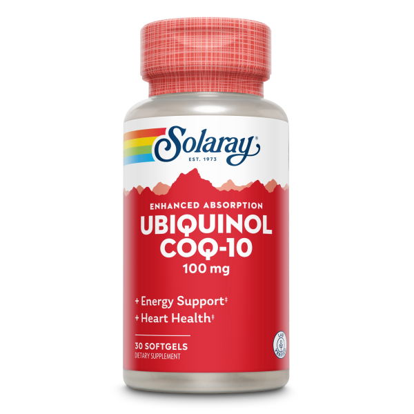 Produktfoto: Eine Flasche des Nahrungsergänzungsmittels Solaray Ubiquinol CoQ-10 mit 100 mg, rot-weiße Verpackung, 30 Softgels, beworben für Energieunterstützung und Herzgesundheit.