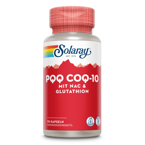Produktfoto: Eine Flasche Solaray PQQ CoQ-10 Nahrungsergänzungsmittel mit 30 Kapseln. Das Etikett ist rot mit weißen und gelben Schriftzügen, die Inhaltsstoffe NAC und Glutathion hervorheben. Oben befindet sich ein roter Deckel mit einem karierten Muster.