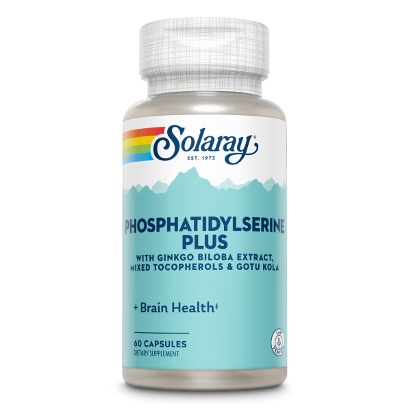 Produktfoto: Eine Flasche mit Nahrungsergänzungsmitteln von Solaray. Auf der Vorderseite steht 'Phosphatidylserine Plus' mit Ginkgo Biloba Extrakt, gemischten Tocopherolen und Gotu Kola. Die Flasche enthält 60 Kapseln und ist für die Gehirngesundheit gedacht.