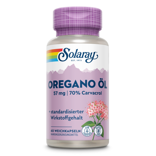 Produktfoto: Eine Flasche Solaray Oregano Öl mit 57 mg und 70 % Carvacrol. Die Flasche ist lila und zeigt ein Bild von Oreganoblumen. Auf der Flasche steht auch 'standardisierter Wirkstoffgehalt', '60 Weichkapseln', 'Lab verified', 'Gluten free'.