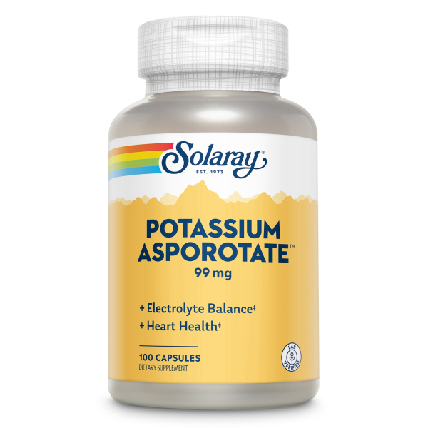 Produktfoto: Das Bild zeigt eine Plastikflasche mit einem weißen Deckel. Auf dem Etikett steht “Solaray Potassium Asporotate 99 mg“. Die Flasche enthält 100 Kapseln und ist für Elektrolyt-Balance und Herzgesundheit gedacht. Das Etikett ist gelb mit einem Regenbogenstreifen oben.