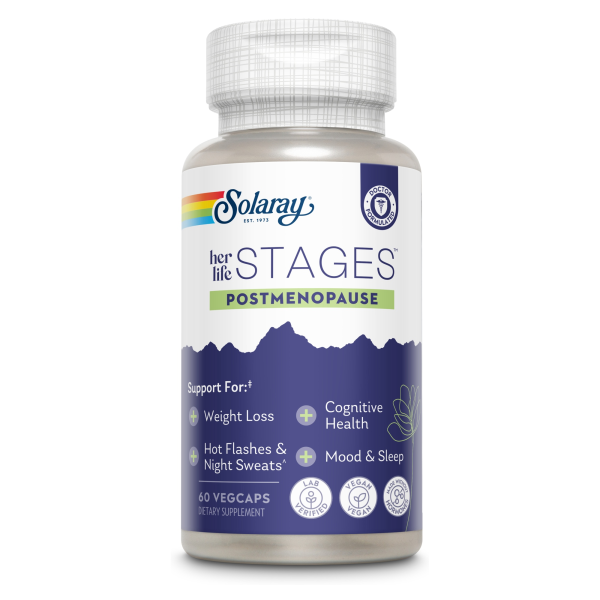 Produktfoto: Eine Flasche mit Nahrungsergänzungsmitteln der Marke Solaray, speziell für die Postmenopause. Die Verpackung ist weiß mit einem blauen Etikett und enthält 60 Veggie-Kapseln. Auf dem Etikett sind Informationen zu den unterstützten Bereichen wie Gewichtsverlust, kognitive Gesundheit, Hitzewallungen und Nachtschweiß, Stimmung und Schlaf zu sehen. Es gibt auch Symbole für vegan, laborgeprüft und alkoholfrei.