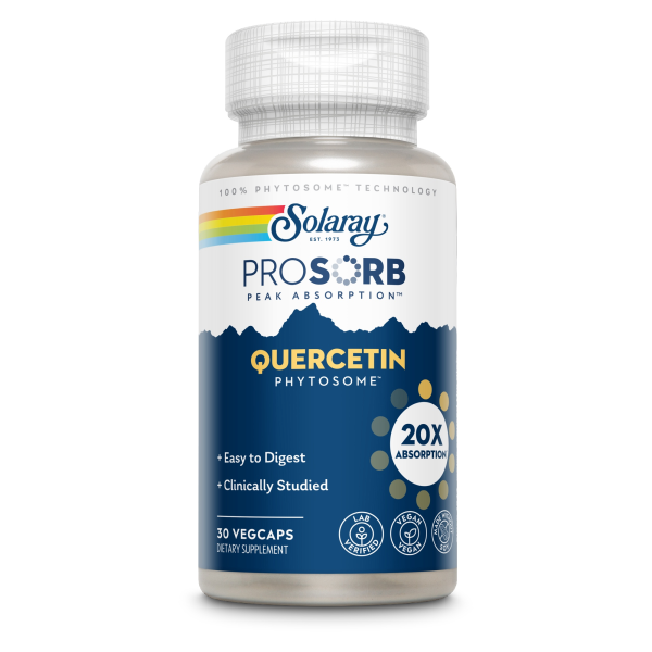 Produktfoto: Eine Flasche Solaray ProSorb Quercetin Phytosome Nahrungsergänzungsmittel mit 30 VegCaps. Die Flasche ist weiß mit einem blauen Etikett, das Informationen zur einfachen Verdauung und klinischen Studien enthält. Das Produkt verspricht 20-fache Absorption.