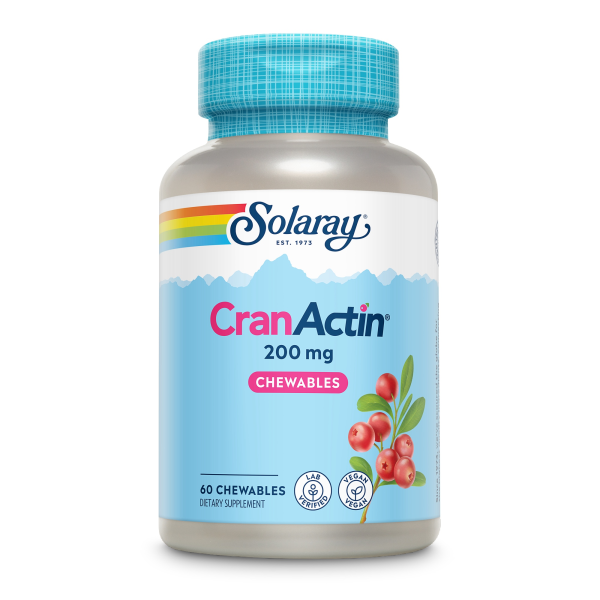 Produktfoto: Das Bild zeigt eine Flasche von “Solaray CranActin 200 mg Chewables“. Die Flasche ist blau mit einem weißen Etikett und zeigt rote Beeren. Auf dem Etikett steht “60 Chewables“, “Lab Verified“ und “Vegan“.