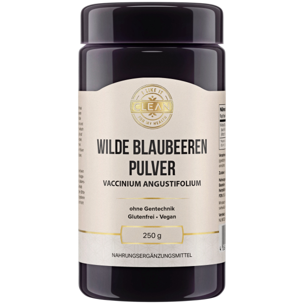 Produktfoto: Ein Behälter mit der Aufschrift “Wilde Blaubeeren Pulver“. Das Etikett zeigt, dass es sich um ein gentechnikfreies, glutenfreies und veganes Produkt handelt. Der Behälter hat ein Fassungsvermögen von 250 g und ist als Nahrungsergänzungsmittel gekennzeichnet. Das Design ist schlicht und informativ, mit einem goldenen Logo oben auf dem Etikett.