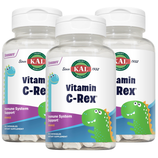 Produktfoto: Drei Plastikflaschen mit dem Produktnamen 'Vitamin C-Rex' von KAL sind zu sehen. Jede Flasche zeigt einen grünen Dinosaurier und den Text 'Immune System Support'. Die Flaschen sind transparent mit weißen Kautabletten darin.