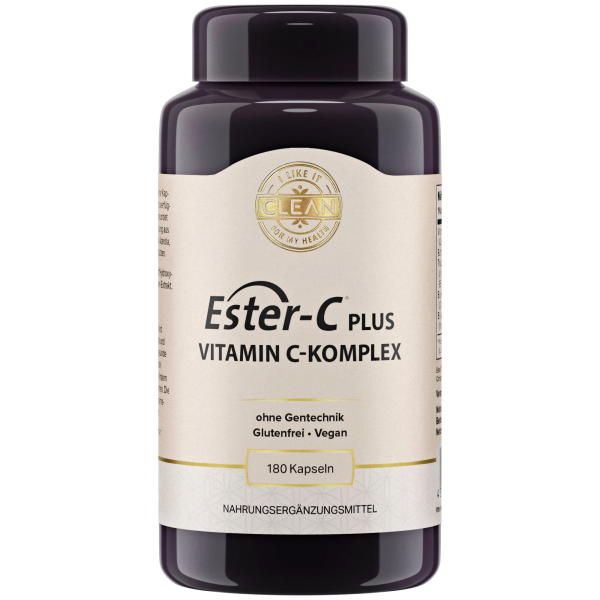Produktfoto: Eine schwarze Plastikflasche mit einem Etikett, das “Ester-C Plus Vitamin C-Komplex“ zeigt. Es ist ein Nahrungsergänzungsmittel, das glutenfrei, vegan und ohne Gentechnik ist. Die Flasche enthält 180 Kapseln.