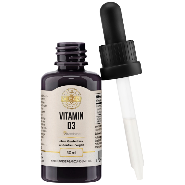 Produktfoto: Das Bild zeigt eine Flasche Vitamin D3 Nahrungsergänzungsmittel mit einer Pipette. Die Flasche ist dunkel und hat ein Etikett mit der Aufschrift 'Vitamin D3', 'ohne Gentechnik', 'Glutenfrei', 'Vegan' und '30 ml'. Die Pipette liegt neben der Flasche.