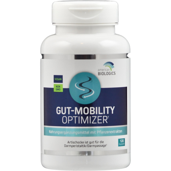 Produktfoto: Eine weiße Plastikflasche mit einem Etikett, auf dem steht: 'Gut-Mobility Optimizer, Nahrungsergänzungsmittel mit Pflanzenextrakten'. Sie ist von der Marke American Biologics und enthält 120 Kapseln. Auf dem Etikett sind die Begriffe 'Vegan' und 'Non GMO' zu sehen.