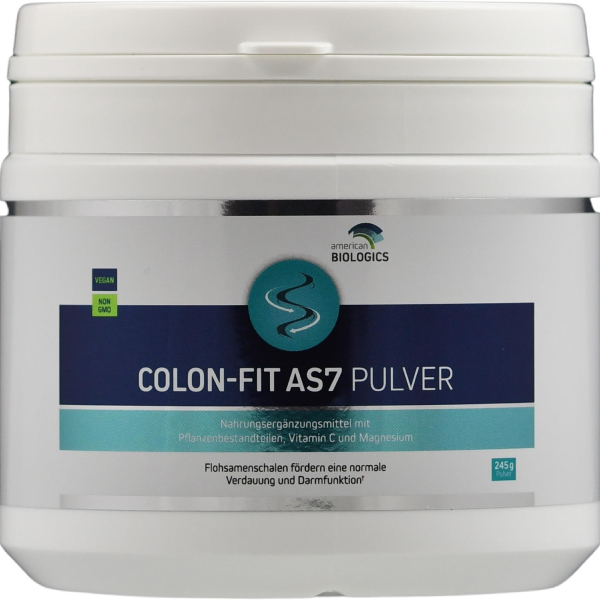 Produktfoto: Das Bild zeigt eine weiße Plastikdose mit einem Etikett, auf dem “Colon-Fit AS7 Pulver“ steht. Die Marke “American Biologics“ ist ebenfalls sichtbar. Das Etikett enthält Informationen über die Inhaltsstoffe, darunter Pflanzenbestandteile, Vitamin C und Magnesium. Es gibt auch Hinweise darauf, dass das Produkt vegan und gentechnikfrei ist. Die Dose hat einen Schraubverschluss.
