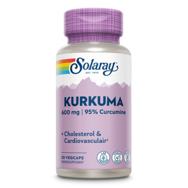 Produktfoto: Eine Flasche mit Nahrungsergänzungsmittel von Solaray. Die Flasche ist lila und enthält Kurkuma mit 600 mg und 95% Curcumine. Auf dem Etikett steht 'Cholesterol & Cardiovascular'. Die Flasche enthält 30 vegane Kapseln und ist als Nahrungsergänzungsmittel gekennzeichnet. Auf dem Etikett sind auch Symbole für Laborzertifizierung und veganen Inhalt zu sehen.