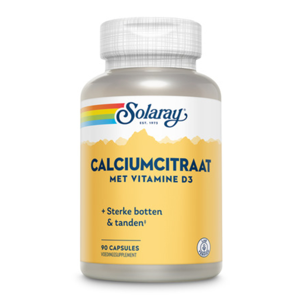 Produktfoto: Das Bild zeigt eine Flasche Solaray Calciumcitrat mit Vitamin D3. Die Flasche ist gelb und weiß mit einem blauen Logo. Auf dem Etikett steht 'Starke Knochen & Zähne'. Enthält 90 Kapseln.