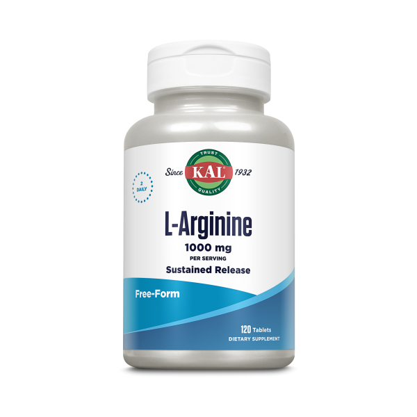 Produktfoto: Eine weiße Kunststoffflasche mit einem Etikett, auf dem “KAL L-Arginine 1000 mg“ steht. Die Flasche enthält 120 Tabletten eines Nahrungsergänzungsmittels. Das Etikett ist blau und weiß mit grünen und roten Akzenten. Es wird als “Sustained Release“ und “Free-Form“ beschrieben.