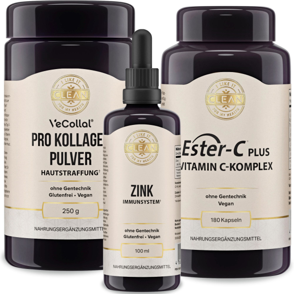 Produktfoto: Drei Nahrungsergänzungsmittelbehälter von Clean Nutrition. Links ein großer Behälter mit Pro Kollagen Pulver, in der Mitte ein kleinerer Behälter mit Zink-Tropfen, rechts ein großer Behälter mit Ester-C Plus Vitamin C-Komplex. Alle Produkte sind ohne Gentechnik, glutenfrei und vegan. Die Etiketten sind beige mit schwarzer Schrift und goldenen Akzenten. Die Behälter sind dunkelviolett.