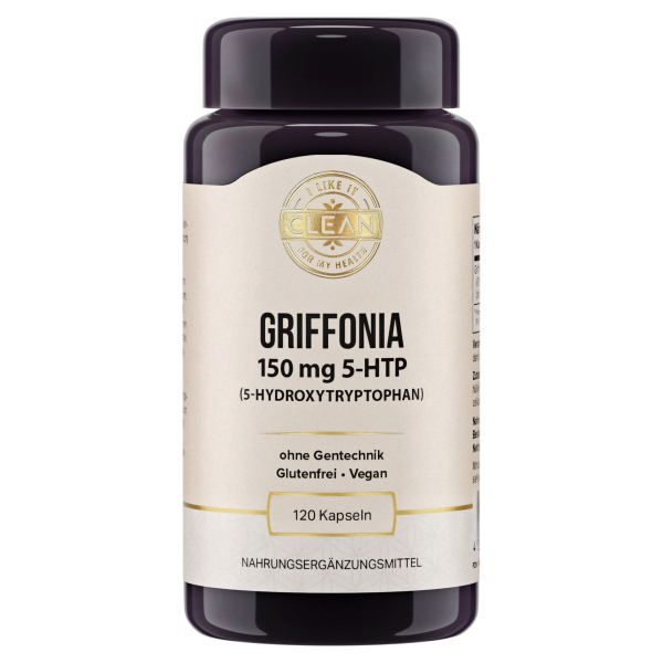 Produktfoto: Eine Flasche Nahrungsergänzungsmittel mit der Aufschrift 'Griffonia 150 mg 5-HTP (5-Hydroxytryptophan)' ist zu sehen. Die Flasche ist dunkel und hat ein helles Etikett mit Informationen wie 'ohne Gentechnik', 'Glutenfrei', 'Vegan' und '120 Kapseln'. Oben auf dem Etikett ist ein Logo mit der Aufschrift 'Clean'.