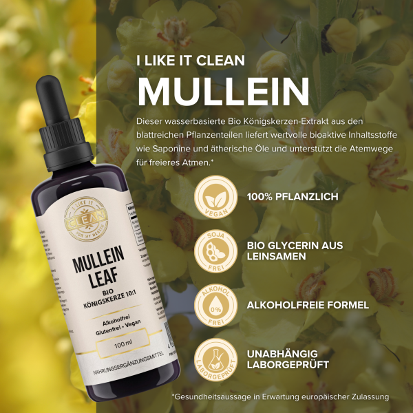 Produktfoto: Das Bild zeigt eine Flasche “Mullein Leaf Bio Königskerze 10:1“ von “I Like It Clean“ vor einem Hintergrund aus gelben Blumen. Die Flasche ist dunkel mit einem weißen Etikett, das Informationen über das Produkt enthält, einschließlich “Alkoholfrei, Glutenfrei, Vegan“. Auf der rechten Seite befinden sich Symbole und Text, die die Vorteile des Produkts hervorheben, wie “100% pflanzlich“, “Bio Glycerin aus Leinsamen“, “Alkoholfreie Formel“ und “Unabhängig Laborgeprüft“. Das Design vermittelt einen natürlichen und gesunden Eindruck.