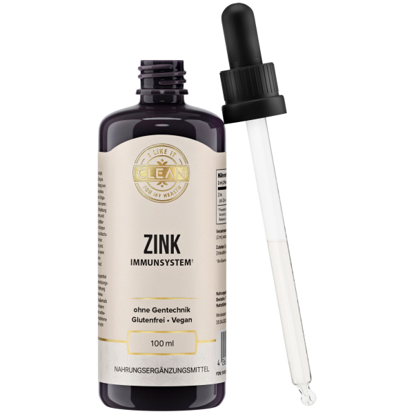 Produktfoto: Eine dunkle Flasche mit der Aufschrift 'Zink Immunsystem', daneben eine Pipette. Die Flasche ist 100 ml groß, glutenfrei, vegan und ohne Gentechnik. Es handelt sich um ein Nahrungsergänzungsmittel, das das Immunsystem unterstützen soll. Die Marke ist 'Clean'.