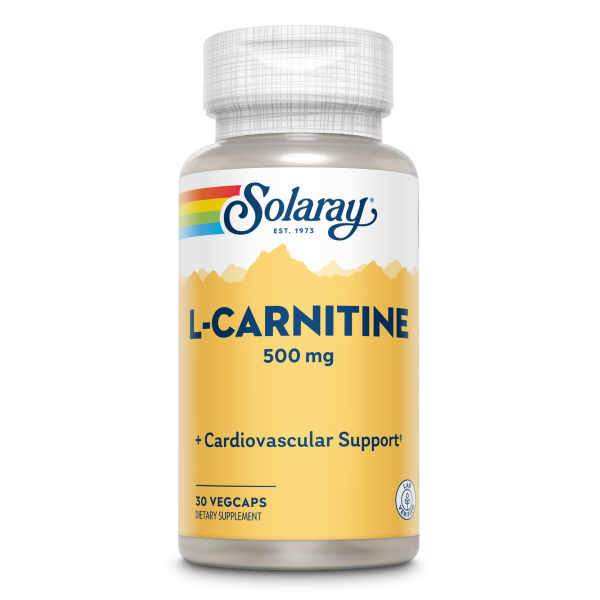Produktfoto: Eine weiße Plastikflasche mit einem gelben Etikett, auf dem “Solaray L-Carnitine 500 mg“ steht. Das Etikett zeigt ein Bergmotiv und verspricht “Cardiovascular Support“. Die Flasche enthält 30 vegetarische Kapseln als Nahrungsergänzungsmittel.