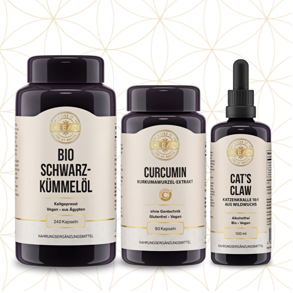 Produktfoto: Drei Flaschen Nahrungsergänzungsmittel vor einem geometrischen Hintergrund. Links: Bio Schwarzkümmelöl, 240 Kapseln. Mitte: Curcumin Kurkumawurzel-Extrakt, 90 Kapseln. Rechts: Cat's Claw, 100 ml Tropfen. Alle Produkte sind vegan und glutenfrei.
