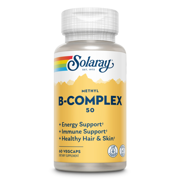 Produktfoto: Eine Flasche mit Nahrungsergänzungsmittel von Solaray, Methyl B-Complex 50. Die Flasche ist weiß mit gelbem Etikett. Auf dem Etikett steht: 'Energy Support, Immune Support, Healthy Hair & Skin'. Enthält 60 Vegcaps.