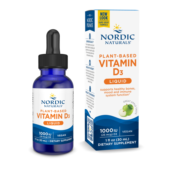 Produktfoto: Flasche und Verpackung von Nordic Naturals pflanzlichem Vitamin D3 Liquid. 1000 IU, vegan, 30 ml. Unterstützt Knochen, Stimmung und Immunsystem.