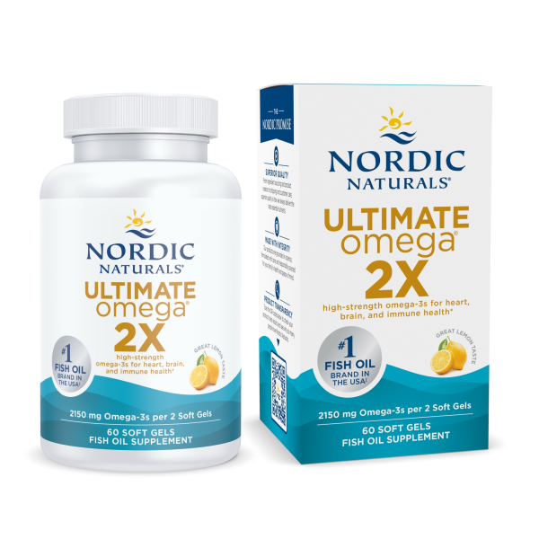 Produktfoto: Flasche und Verpackung von Nordic Naturals Ultimate Omega 2X, einem Fischölpräparat mit 60 Softgels, 2150 mg Omega-3s, Zitronengeschmack.