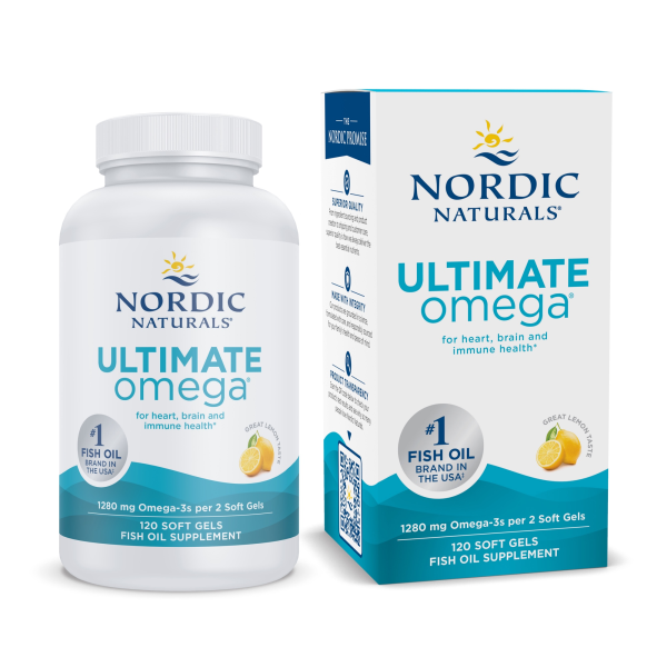 Produktfoto: Flasche und Verpackung von Nordic Naturals Ultimate Omega Fischöl mit Zitronengeschmack. 120 Softgels, 1280 mg Omega-3 pro 2 Softgels.