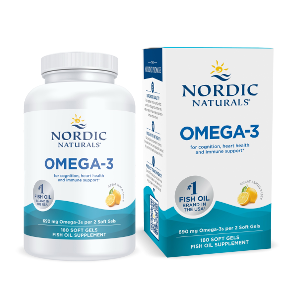 Produktfoto: Flasche und Schachtel von Nordic Naturals Omega-3 Fischölkapseln, 690 mg pro 2 Softgels, mit Zitronengeschmack.
