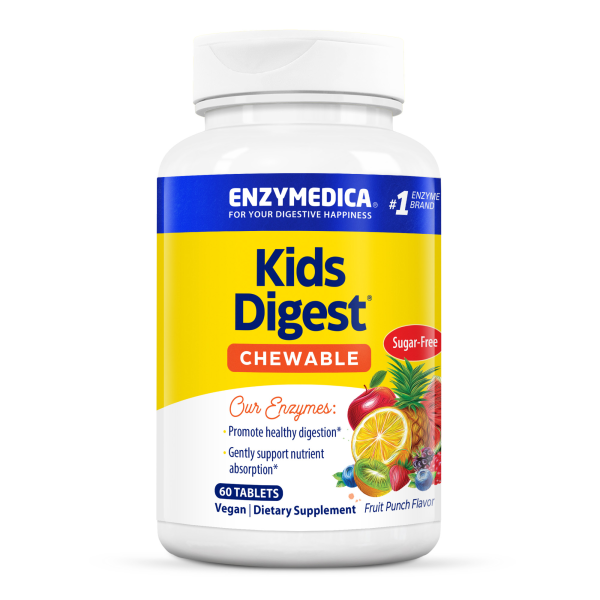 Produktfoto: Das Bild zeigt eine weiße Plastikflasche mit einem gelben Etikett, auf dem “Kids Digest Chewable“ steht. Die Marke Enzymedica ist oben auf dem Etikett zu sehen. Das Produkt ist zuckerfrei und vegan, mit Fruchtgeschmack. Auf dem Etikett sind Früchte wie Ananas und Zitrone abgebildet.