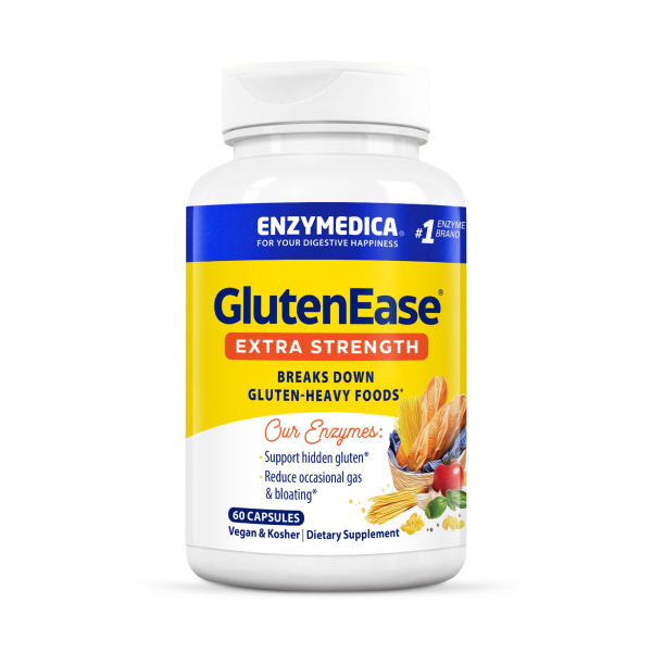 Produktfoto: Flasche mit Enzympräparat 'GlutenEase Extra Strength' von Enzymedica, 60 Kapseln, zur Unterstützung bei Glutenabbau, vegan und koscher.